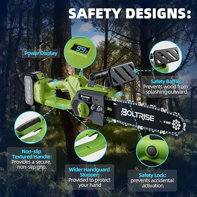 12 Inch Cordless Brushless Electric Chainsaw, 2 × 4.0Ah Batteries & Auto Oiler Security Lock, 42 FT/S Powered Compact HandHeld Chain Saw, for Tree Trimming, Wood Cutting Garden, Pruning