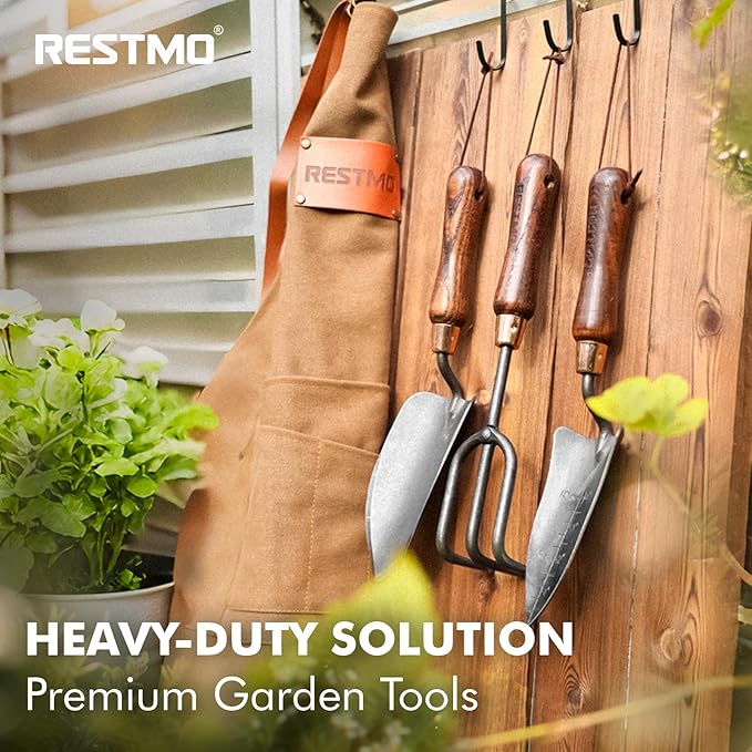 RESTMO 3-in-1 Heavy Duty Gardening Tools Kit, Premium Carbon Steel Garden Hand Tools with Ergonomic Wooden Handle Includes Trowel, Transplanter, and Cultivator, Ideal Gardening Gifts for Gardener