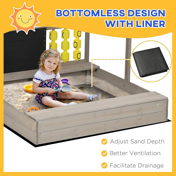 Outsunny Kids Sandbox with Canopy, Bench Seats Wooden Sand Pit, Backyard Toy with Chalkboard, Tic Tac Toe Game, Gift for Girls and Boys, Ages 3-7