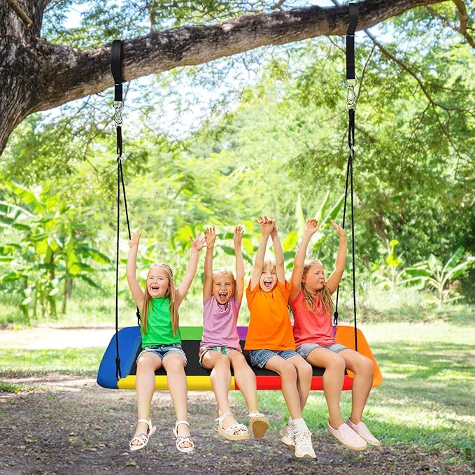 Costzon 700lb Giant 60'' Platform Tree Swing for Kids and Adults, Wear- Resistant Indoor/Outdoor Rectangle Swing with Durable Steel Frame and 2 Hanging Straps for Porch, Backyard (Rainbow)