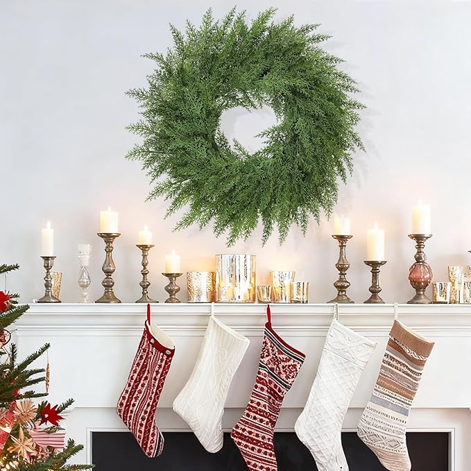 Lush Christmas Wreaths for Front Door Christmas Decorations 24 inch Real Touch Faux Cedar Wreath Winter Wreath Large Green Wreaths for Windows Outdoor Indoor Walls Home Xmas Holiday Decor