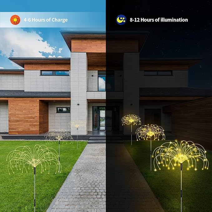 Solar Garden Lights, Firework Light Outdoor 5 Pack 120 LED Solar Waterproof Decorative Starburst Lights Landscape Lamp 18 Hours Working Time, Decor for Courtyard Garden Christmas Party (warm white)
