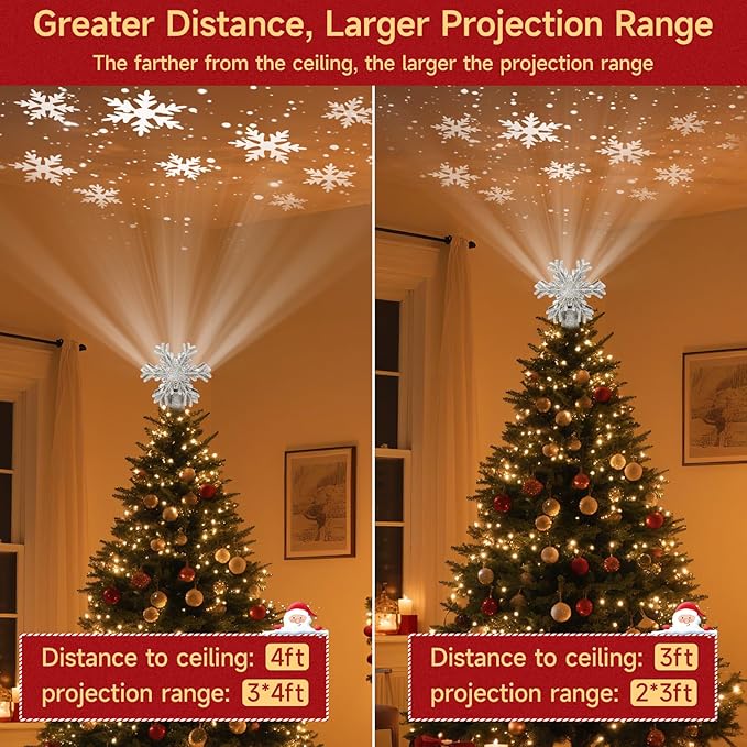Christmas Tree Topper Lighted with Built-in LED Rotating Snowflake Projector, 3D Hollow Glitter Silver Snowflake Tree Topper for Xmas Party Holiday Christmas Decorations