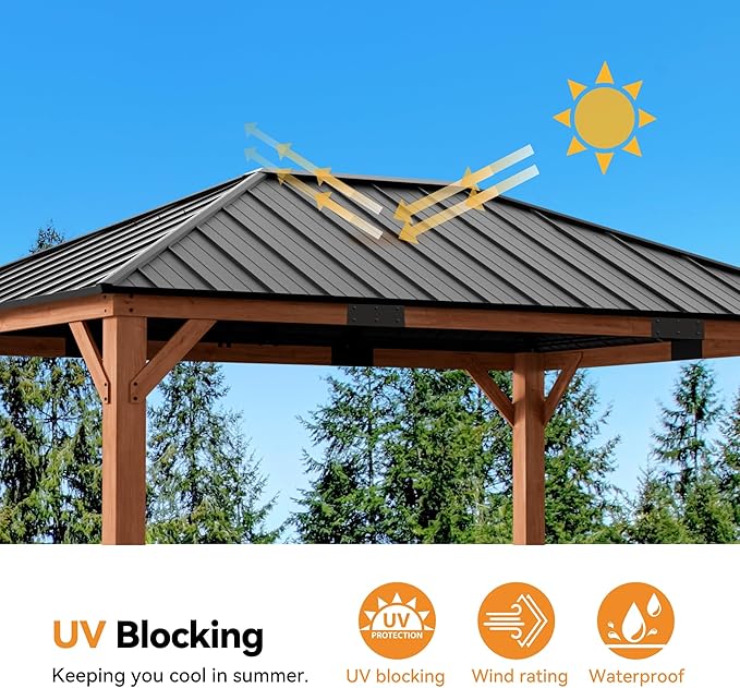 Modern Shade Tranquil Grove Wood Gazebo 12' x 16', Grill Gazebo with Galvanized Steel Roof, Mosquito Netting and Curtains, Permanent Hardtop Pavilion with Sturdy Hooks for Garden, Backyard