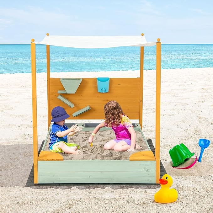 Costzon Kids Sandbox with Sand Wall, Wooden Sandpit w/Removable Canopy, Water Bucket, Storage Bins, 2 Corner Seats & Bottom Liner, Outdoor Sand Box for Kids Aged 3-8 (Backyard, Garden & Beach)
