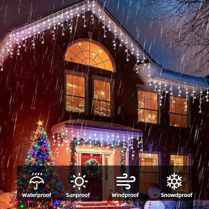 Christmas Outdoor Icicle Lights - 200 LED 21+16 FT 8 Modes Curtain Fairy String Light Plug in, Waterproof for Eaves Yard Holiday Xmas Holiday Indoor Outdoor Decoration - White