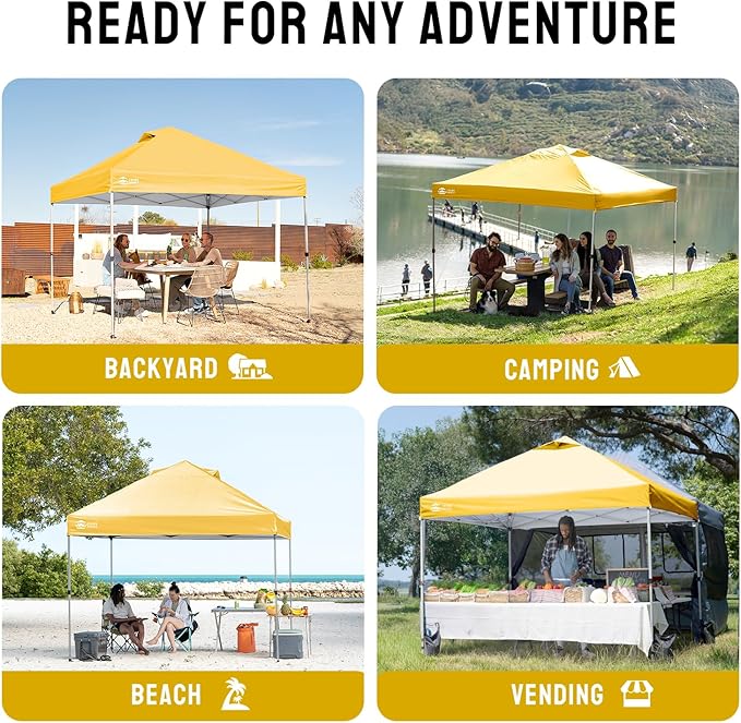 Crown Shades 10x10 Pop Up Canopy - Beach Tent with One Push Setup - Outdoor Sun Shade for Events, Parties, Camping - Gazebo with STO-N-Go Cover Bag, Silver Coated Top, 3 Height& 4 Sand Bags, Yellow