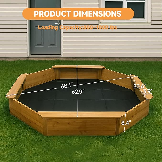 68x68x8.4 Kid's Octagonal Wooden Outdoor Sandbox,Large Natural Wooden Sandpit with 4 Benches, Bottom Liner,Sand Box for Backyard, Patio, Outdoor Play Sand Box for Kids Ages 4-8