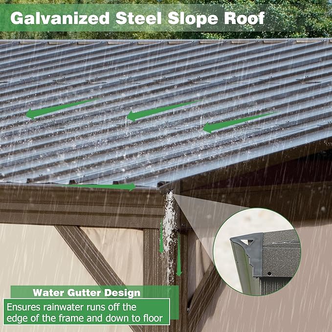 10’ x 12’ Lean to Gazebo, Outdoor Wall Mounted Gazebo Aluminum Frame, Hardtop Pergola with Galvanized Steel Sloping Roof for Patio Deck Garden Backyard, Curtain and Netting Included