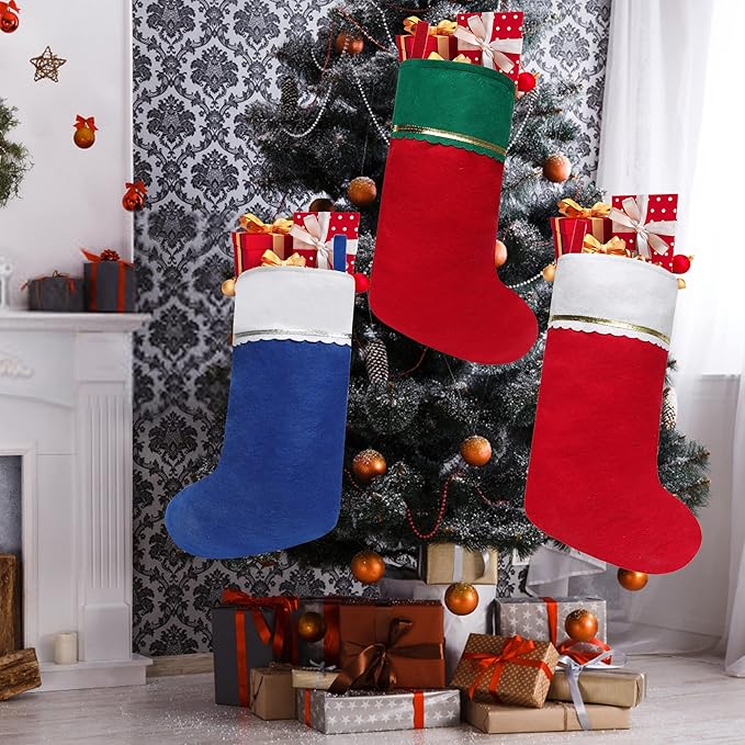 12 Pack Felt Christmas Stockings, 19 Inches White and Red Christmas Stockings, White Cuff with Gold Trim Christmas Stockings for Family Christmas Holiday Decorations