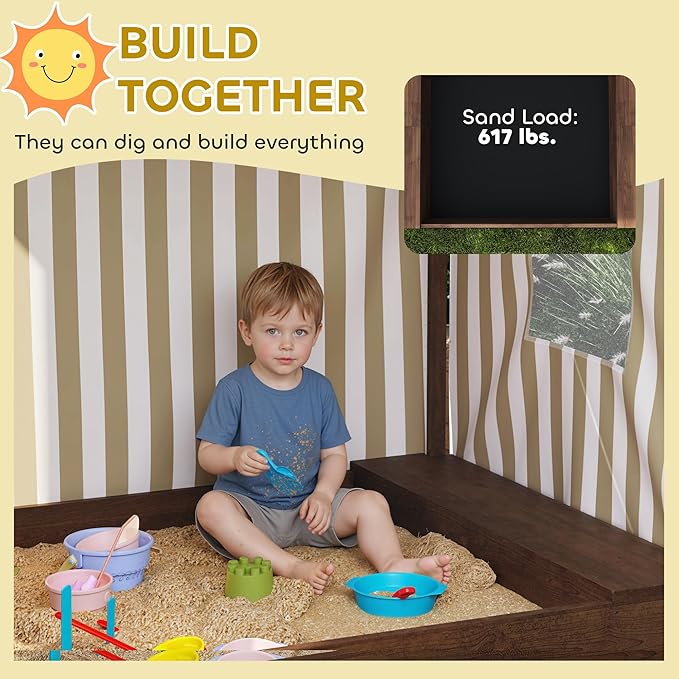 Qaba Kids Wooden Sandbox with Canopy, Large Wood Sand Pit with Mesh Door, 2 Bench Seats, Bottom Liner, Outdoor Snad Box for Backyard, Garden, Patio, Beach, Brown
