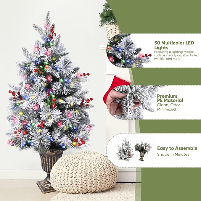 90cm Pre-lit Potted Christmas Tree, 1-Pack Flocked Snow Xmas Tree with 50 Color Led Lights, 8 Modes, PE Christmas Decoration for Home, Office, Easy Assembly