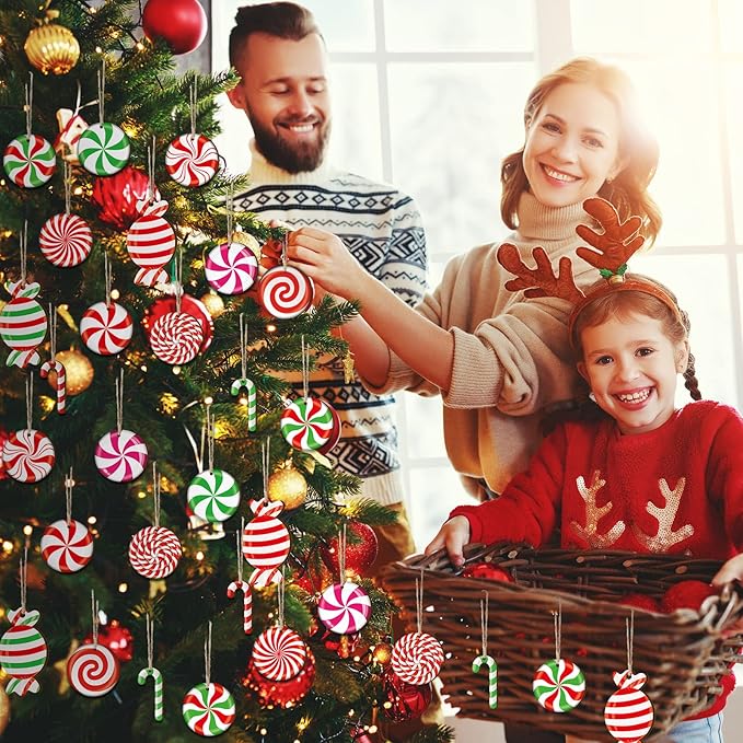 Qunclay 36 Pieces Candy Cane Christmas Ornaments Christmas Wood Hanging Decor Xmas Tree Wood Cutouts Peppermint Decor for Home Party Decoration Supplies (Colorful Candy)