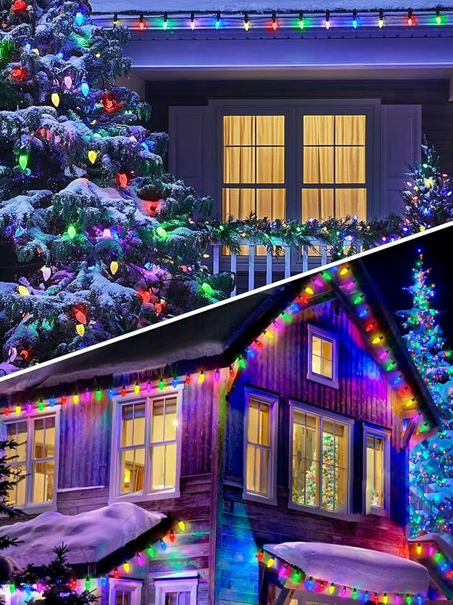 2-Pack 66FT 100LED Extendable C9 Christmas Lights Outdoor/Indoor, Waterproof Christmas String Lights Plug in, Green Wire Fairy Lights for Xmas Tree Garden Patio Wedding Party Decoration (Multicolor)