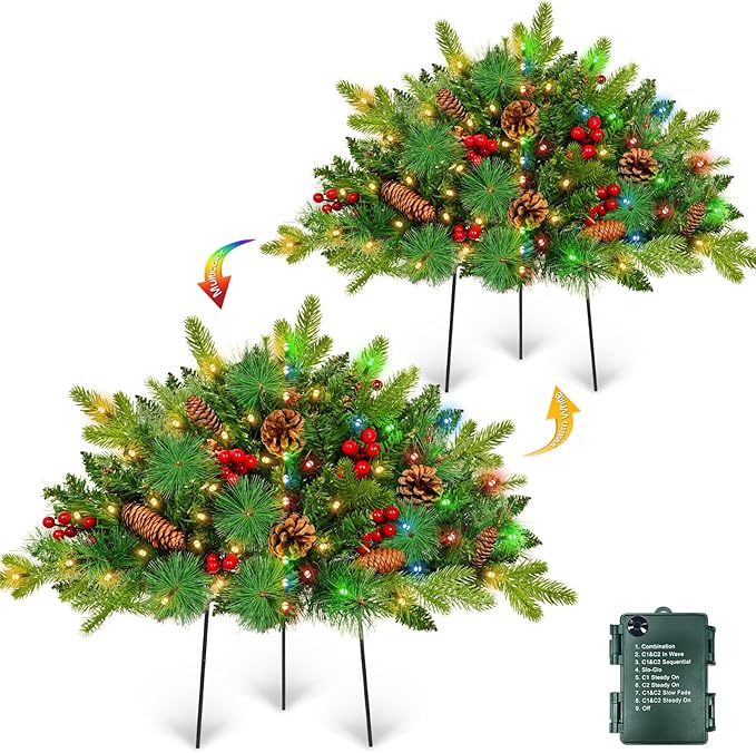 2 Pack 22" Christmas Tree Urn Fillers, Prelit 8 Mode Timer 40LED Lights with 3 Styles Branches Tripod Stake Pine Cones and Berry, Outdoor Christmas Trees Decor