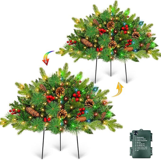 2 Pack 22" Christmas Tree Urn Fillers, Prelit 8 Mode Timer 40LED Lights with 3 Styles Branches Tripod Stake Pine Cones and Berry, Outdoor Christmas Trees Decor