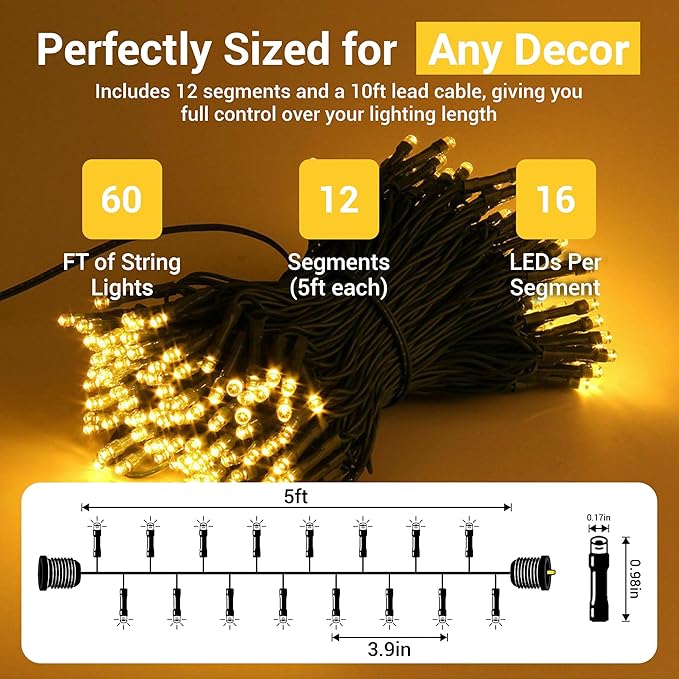 Magnetic String Lights - 60ft LED Christmas Lights with Quick Connect - Indoor Plug in - Warm & Bright White - Decorative Christmas Tree Lights