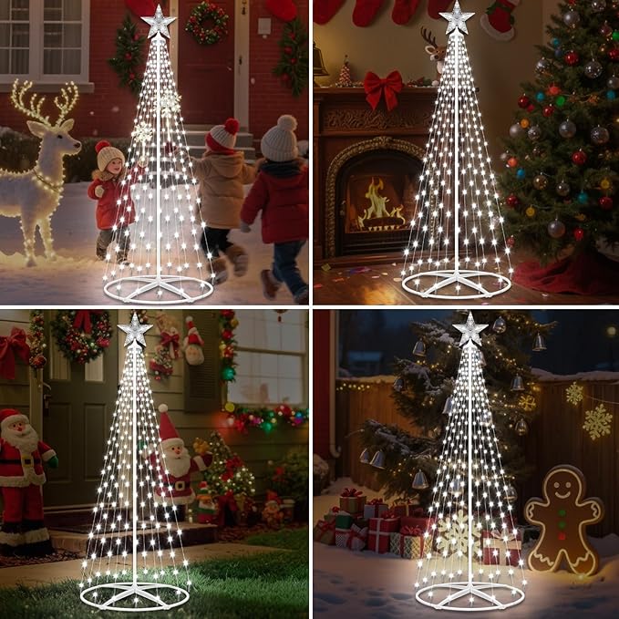 Forlivese 202LED Outdoor Solar Christmas Tree Lights, 5FT Lighted Artificial Cone Tree with Remote, 8 Modes, USB Charge, Timer & Waterproof Christmas Tree Decor for Garden Yard Patio, Cold White
