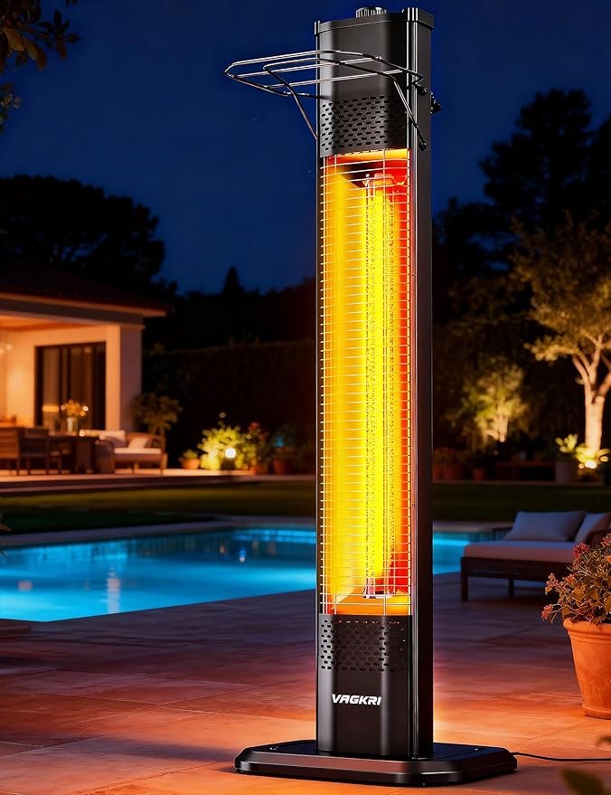 VAGKRI Outdoor Electric Patio Heater, 1500W Dual Carbon Tube Infrared Heater, Tip-Over & Overheat Protection,1S Instant Heat, IPX5 Waterproof, Tower Space Heater for Patio, Backyard & Garage