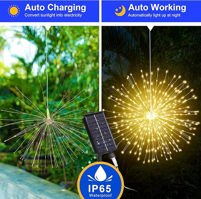 Solar Christmas Firework Lights Outdoor, 5 Pack 1000LED Solar Starburst Lights with Remote, 8 Modes Dimmable Waterproof Hanging Fairy Lights for Garden, Patio, Holiday Christmas Decor (Warm White)