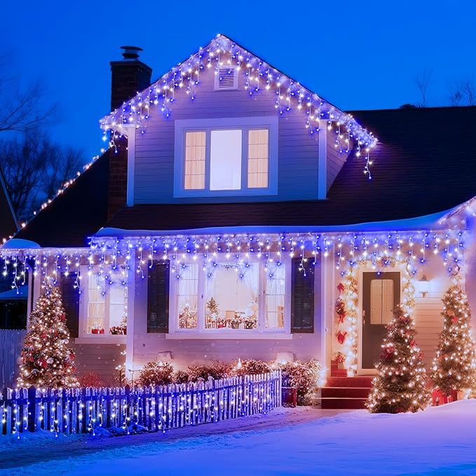XURISEN 66ft Christmas Lights Decorations Outdoor, 640 LED 8 Modes Curtain Fairy Lights with 120 Drops,Plug in Waterproof Timer Memory Function for Christmas Holiday Wedding Party Decor(Blue+Cool)