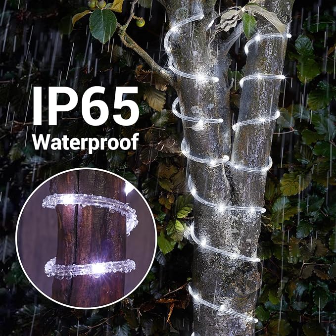 Solar Rope Lights, 66ft 200LED Solar String Lights, 8 Modes Waterproof Solar Powered Outdoor Light, Flexible Clear Tube Light for Garden, Backyard, Patio, Deck, Porch, Pool, Tree Decorative - White