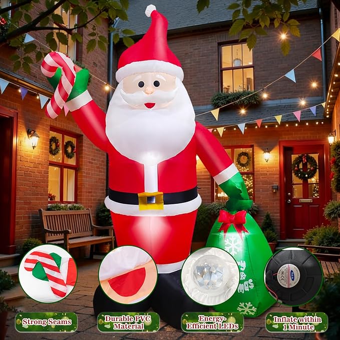 8 FT Christmas Inflatable Santa Claus Outdoor Decorations, Durable Blow Up Santa Claus with Gifts Bag, Built-in LED Light, Xmas Outside Decor for Garden Patio Lawn Home Indoor Winter Holiday Party