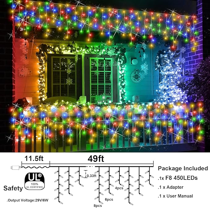 Christmas Lights Outdoor, 49FT 450 LED Ice Lights for Outside, Ice String Lights with 8 Modes, Waterproof Timer Memory Hanging Light for Eaves Party Yard Garden(Multicolor)