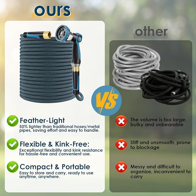 Non-Expandable Garden Hose 150 FT, Lightweight Hose with 10 Function Spray Nozzle, Kink-Free Flexible Water Hose, Durable, Leak-Proof, 360¡Æ Swivel Connectors, Portable Storage Strap