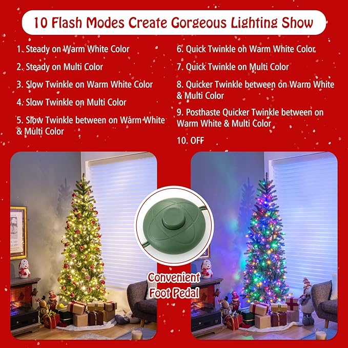 GOFLAME 5ft Pre-lit Pencil Christmas Tree, Artificial Christmas Tree with 180 LED Lights, 10 Light Modes, 390 Branch Tips, Metal Stand, Hinged Xmas Tree for Holiday Festival Decor