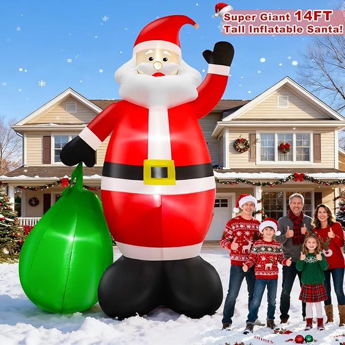 14 Ft by 8.5 Ft Giant Christmas Inflatable Santa Claus with Gift Bag Outdoor Decorations, Lighted Outside Standing Blow Up Santa Yard Decor for Lawn Garden Parties Holiday Xmas Decorations