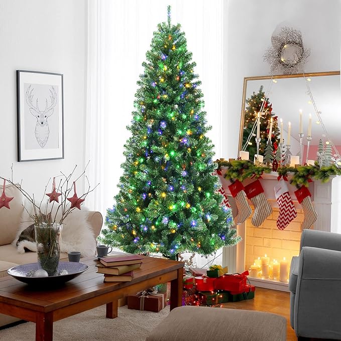 GOFLAME 8ft Artificial Christmas Tree, Pre-lit Xmas Tree 9 Lighting Modes w/ 1605 PVC Branch Tips & 600 Color-Changing LED Lights, Holiday Festival Decoration Tree with Remote Control and Metal Stand
