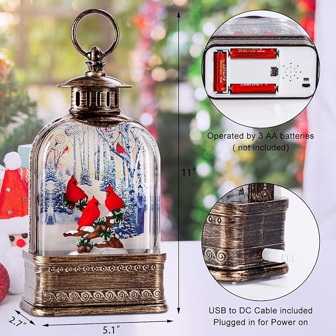 11Inch Christmas Snow Globes Cardinal Gifts, Musical Cardinal Snow Globe Glitter Light Up, Christmas Decorations Indoor 6H Timer Red Cardinal Christmas Decor for Women