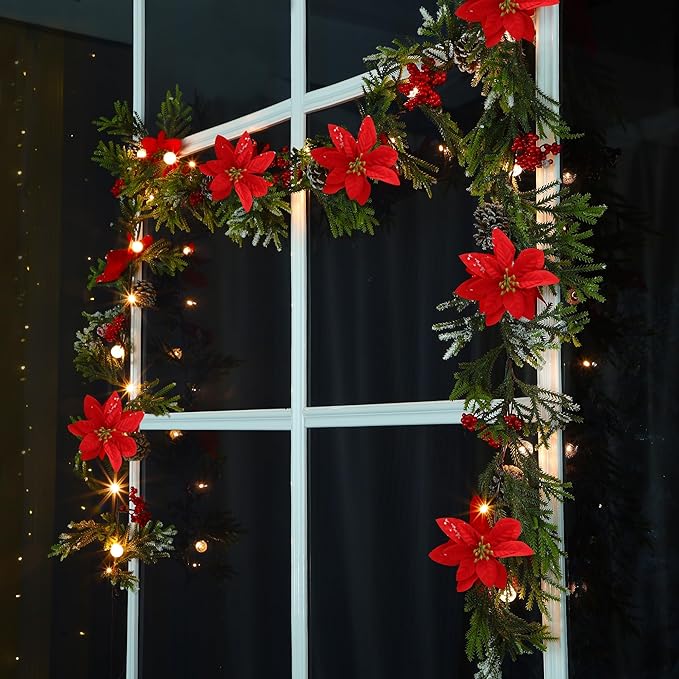 Juegoal Christmas Garland, 9 FT Pre-lit Artificial Xmas Flocked Garlands, Lighted Poinsettia Spruce Garland, Timer & Battery Operated with Lights, for Garden Home Winter New Year Decorations
