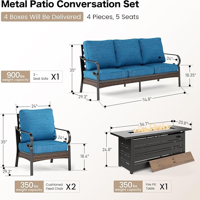 4 Piece Black Metal Outdoor Patio Furniture Sets with Firepit Table, Patio Conversation Sets 1 3-Seater Sofa, 2 Single Sofa with 5.75" Thick Cushion Backyard Furniture for Deck, Blue-2