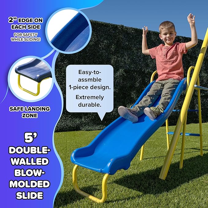 Sportspower Triple Swing & Saucer Backyard Swing Set for Kids, 600LBS, 3 Sling Swings, Saucer Swing, 5 ft Slide, Anchor Kit, Outdoor Playset for Kids Aged 3-8, 17.1' W x 7.6' D x 6.1' H