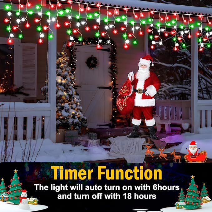 Christmas Lights Outdoor, 2 Pack Total 98FT 960 LED Ice Lights for Outside with 180 Drops 8 Modes Timer Memory, Plug in Waterproof for Holiday Eaves Yard Roof Party Decor (Red Green and Cool White)