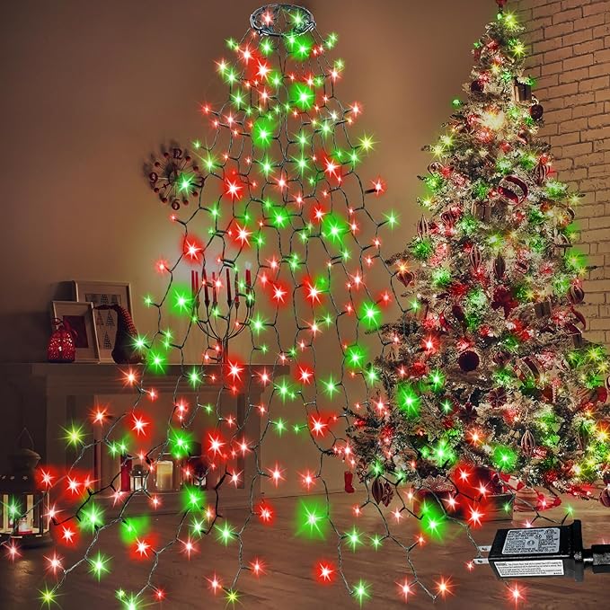 Easy Christmas Tree Lights Indoor Outdoor, 420 LED Christmas String Lights 6.6FT x 12 Lines with 8 Modes & Timer, Waterproof Twinkle Lights Plug in for 6FT Xmas Tree Christmas Decoration (Red & Green)
