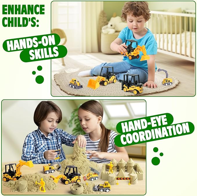 Sand Construction Kit with Big Foldable Sandbox and 2.2lbs Moldable Sensory Play Sand, Truck Toys Including Castle Molds and Other Accessories - 36Pc Set for Kids 3+
