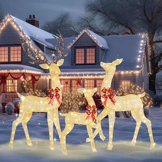 72Inch Light Up Reindeer Outdoor Christmas, 3-Piece 3D Gold Reindeer Christmas Decoration with 240 LED Warm White Lights Deer for Yard Patio Lawn Garden Party, Gold