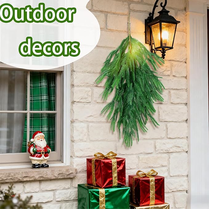 Grever 2 Pcs Artificial Christmas Swag, 28 Inch Faux Teardrop Norfolk Swag Real Touch Fake Pine Needles for Indoor and Outdoor Fireplace, Mantle, Door, Windows, Table, Stairs, Wall and Holiday Decor
