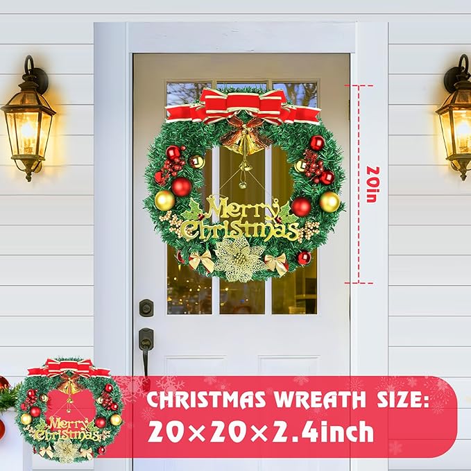 Christmas Wreaths for Front Door, Artificial Christmas Wreath with Bow, Bells, Berries, Gold Flowers and Holiday Decor Sign, Winter Wreaths for Fireplace, Windows, Wall Decor(20 Inches)