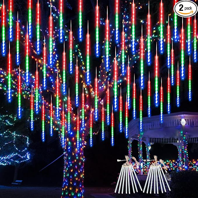 2 Pack Christmas Decorations Lights Outdoor, Extendable Meteor Shower Lights with Timer, Total 384LED 30cm 16 Tubes Indoor Outdoor Snow Cascading String Light for Xmas Party Yard Decor (Multi-Colored)