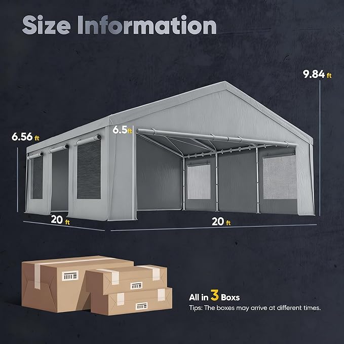 Quictent 20x20 ft Heavy Duty 2 Car Carports with Side Zipper Doors & Snowproof Steel Cables & Ventilated Windows, Waterproof Storage Shelter for Car, Boat, Outdoor Equipment, Gray