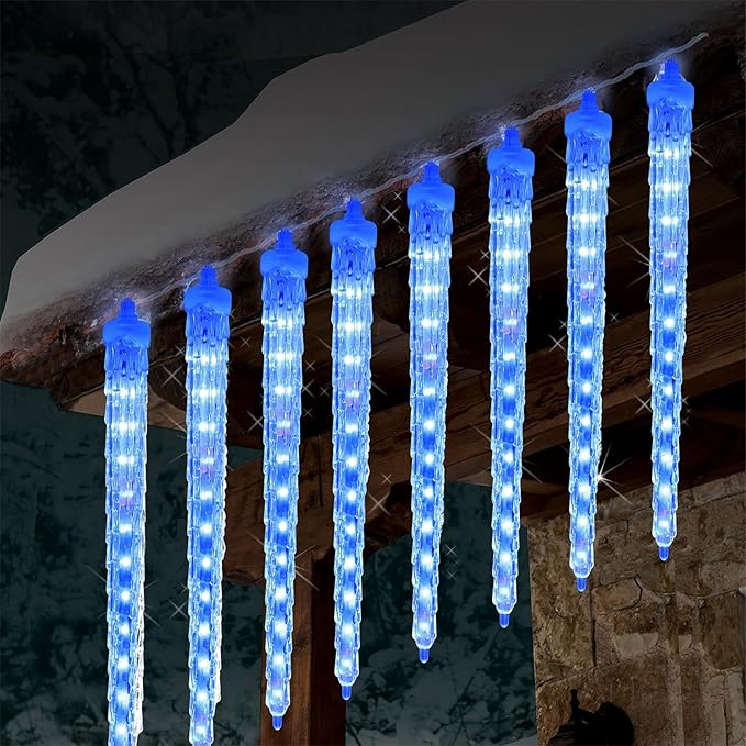 WATERGLIDE 16 Icicles Meteor Shower Lights, 12" Outdoor Icicle Christmas Lights 384 SMD LED Crystal Ice Falling Light, Connectable Raindrop Iciclelight, Xmas Winter Party Tree Holiday Decor, Blue