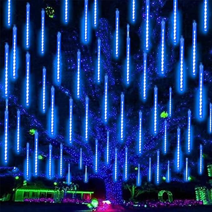 2 Pack Christmas Decorations Lights Outdoor, Extendable Meteor Shower Lights with Timer, Total 384LED 30cm 16 Tubes Indoor Outdoor Rain Light Cascading String Light for Xmas Garden Party Decor (Blue)