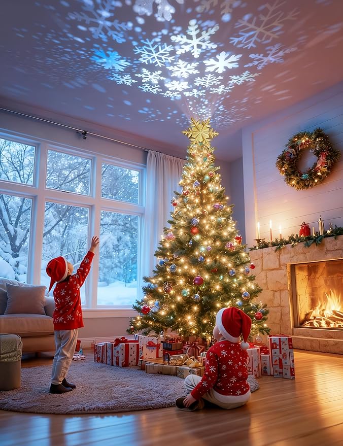 DG-Direct Christmas Tree Topper Lighted with Golden Snowflake Projector, Led Rotating Magic Snowflake, 3D Hollow Glitter Lighted Gold Snow Tree Topper for Christmas Tree Decorations