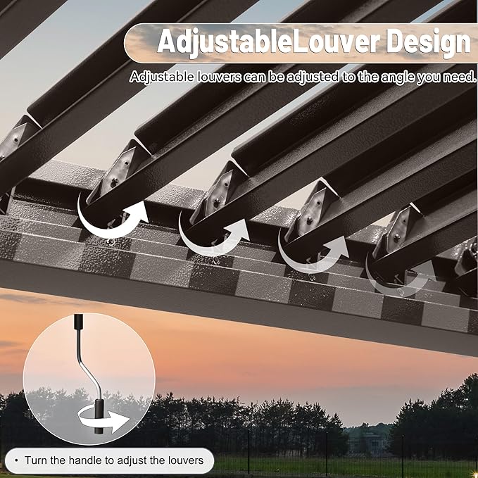 10’ x 13’ Louvered Pergola, Outdoor Pergola Aluminum Frame with Adjustable Rainproof Metal Roof, Permanent Sun Shade with Drainage System for Backyard, Garden and Lawn (Dark Brown)
