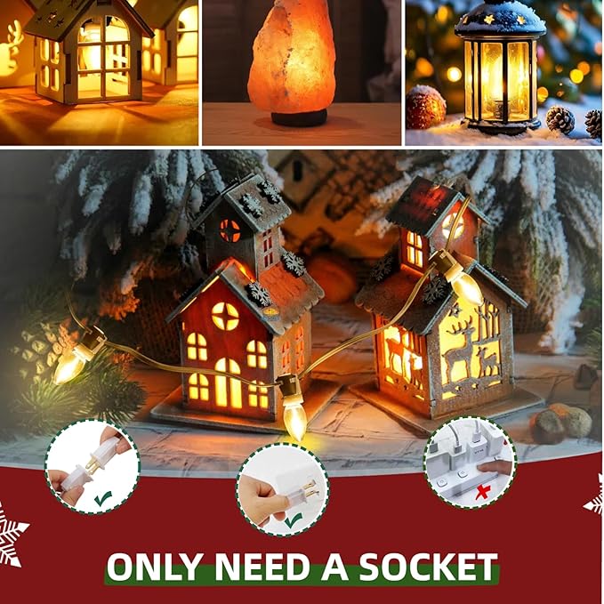 Christmas Village Lights with 12 LED Warm White Bulbs, C7 Light Cord for Christmas Village Houses, Pumpkin Crafts, Halloween & Holiday Decorations