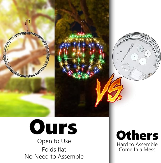 Joomer 2 Pack Christmas Ball Lights, 13IN & 11IN Foldable Metal Sphere Light, Connectable Waterproof 8 Modes with Timer, Hanging Tree Globe Lights for Holiday Christmas Decorations (Multicolor)